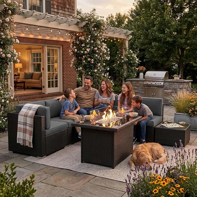 8 Pieces Patio Furniture Set with 44" Propane Gas Fire Pit Table, Outdoor Sectional Wicker Conversation Sofa Sets with Coffee Table