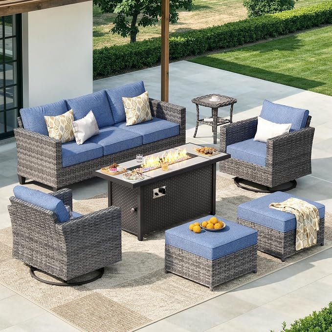 CAODOC 7-Piece Outdoor Wicker Patio Set with 7 Seats, Including 53" Fire Pit - Swivel Rocker Chairs and Conversation Set for Backyard or Lawn, Gray Rattan with Waterproof Blue Cushions