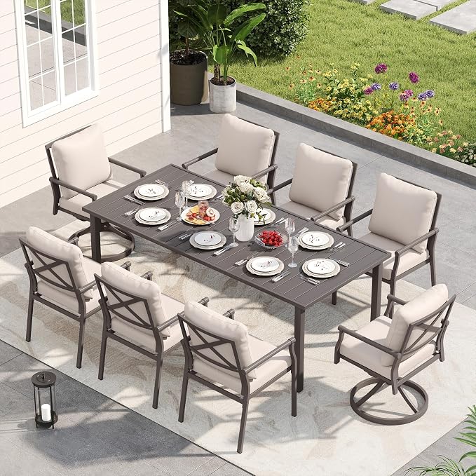 HAPPATIO Patio Dining Set, Powder-Coated Metal Outdoor Table and Chairs Set for 8, 6 Chairs and 2 Swivel Rockers with Thick Cushions, 80" Rectangular Table with 1.5" Umbrella Hole for Deck Yard