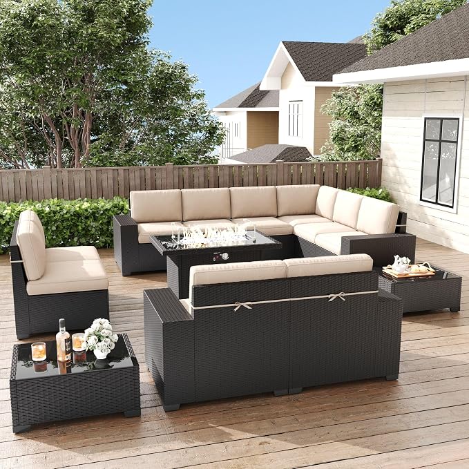 LayinSun 13 Pieces Patio Furniture Set with Fire Pit Table, Black Rattan Modular Sectional Patio Conversation Sofa Set