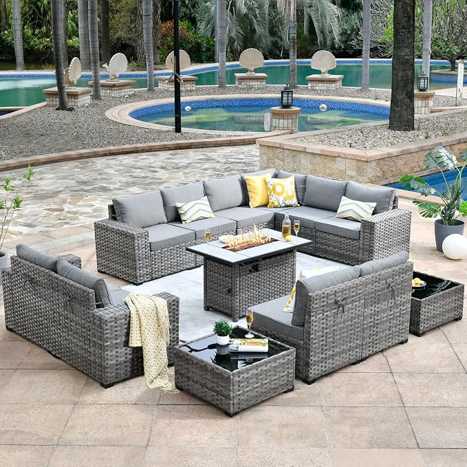 HOOOWOOO Outdoor Patio Sectional Furniture Sofa Set with Propane Fire Pit Table,13 Piece Large Modern Wicker Couch with Widened Armrest,Modular L Shaped Conversation Seating Set(Dark Grey)