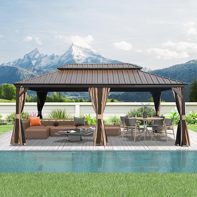 Domi 14' X 20' Hardtop Gazebo, Upgraded Metal Gazebo with Drainage System, Dual-Layer Galvanized Steel Roof, Curtain and Netting, Outdoor Shelter Canopy for Patio, Garden, and Backyard, Brown
