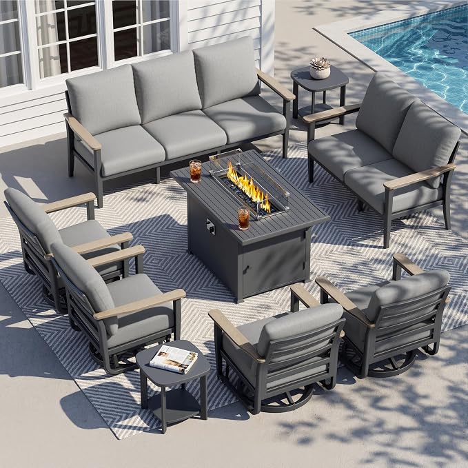 Aluminum Outdoor Patio Furniture Set with Swivel Rocking Chairs 9-Seat, Patio Sectional Sofa Patio Conversation Set with 55,000 BTU Fire Pit Table High Backrest & Thickened Cushions, Grey