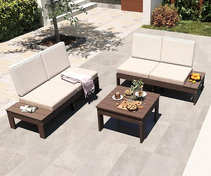 Domi HDPE Outdoor Patio Sofa Set, 3-Piece Modern Conversation Set with Left & Right Sofas, Cushioned Sectional Seating and Coffee Table for Backyard, Porch, Deck & Garden,Brown