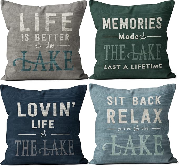 Lake House Decor Pillow Covers Set - Lake House Gifts, 18x18 Pillow Cover Set of 4, Lake Decor Lake Life Decor, Lake House Decor for The Home