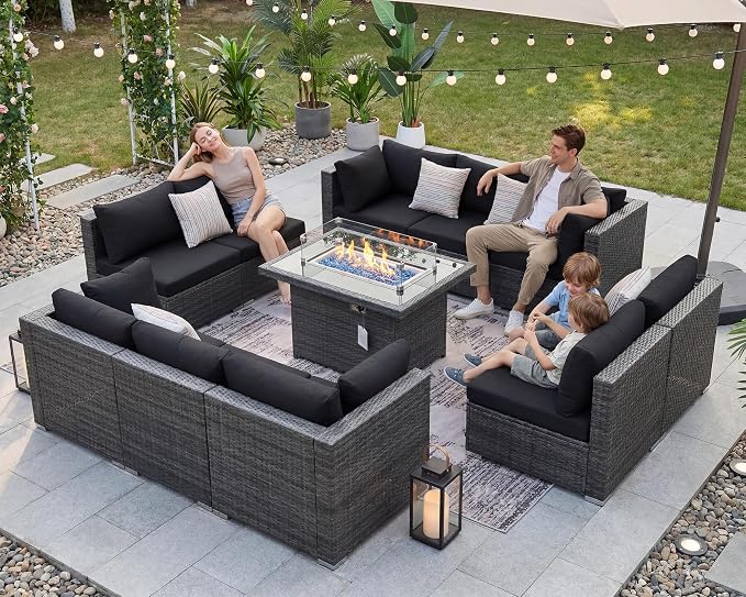BULEXYARD 11 Piece High Back Outdoor Patio Set with Firepit, Extra Large Backyard Furniture Sectional Couch 10-Seater Modular, XL Big Wide Deep Outside Seating Area for Exterior, Grey & Black