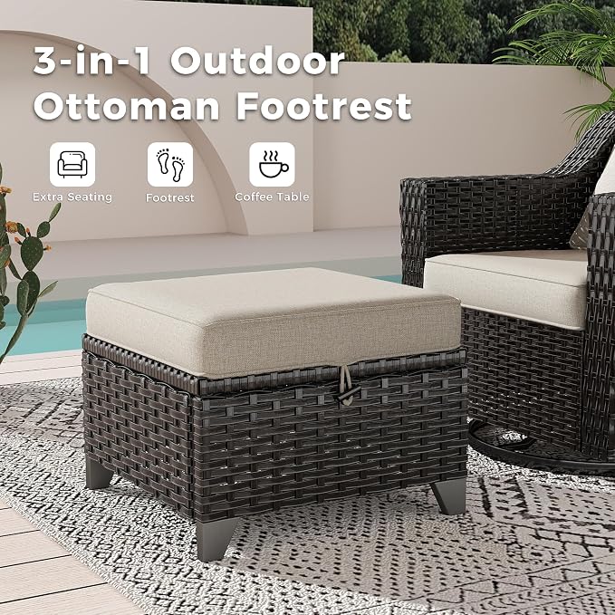 5 Pieces Patio Conversation Furniture Set - 1 Sofa, 2 Armchairs, 2 Ottomans, Outdoor Wicker Furniture with Removable Cushions for Porch, Balcony, Sunroom (Beige)