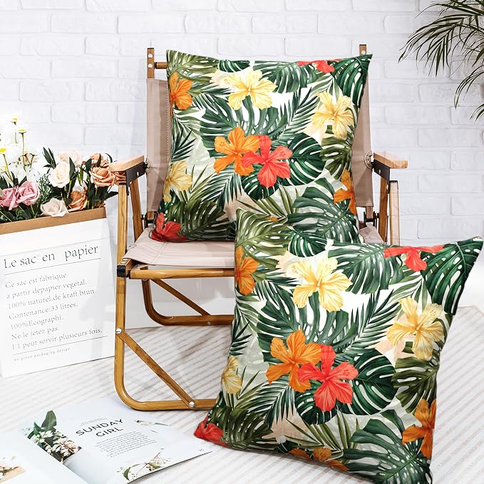 Hawaiian Hibiscus Flower Pillow Covers for Home Decor Living Room Patio Summer Tropical Throw Pillow Covers 24x24 Monstera Palm Leaves Pillow Case Set of 2