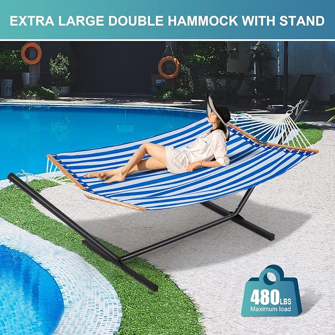 Homgava Two Person Hammock with Stand for Outside Heavy Duty, Outdoor Patio Hammock with Portable Steel Stand, Large Double Hammocks with Quick Dry Textilene Fabric,480lbs Capacity.(Blue White)