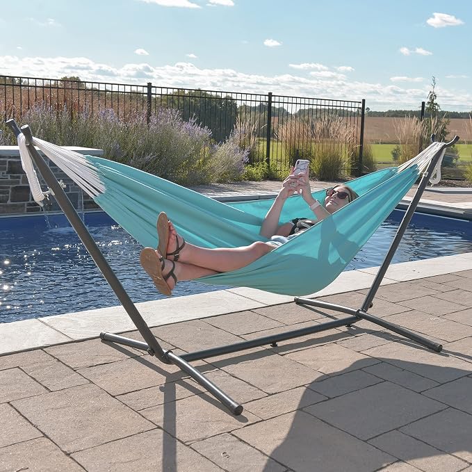 Vivere Double Hammock and Stand Combo – Durable, Comfortable, 450 lb Capacity, Heavy Duty Steel Stand, Tool-Free Assembly, Includes Carry Bag (Aruba)