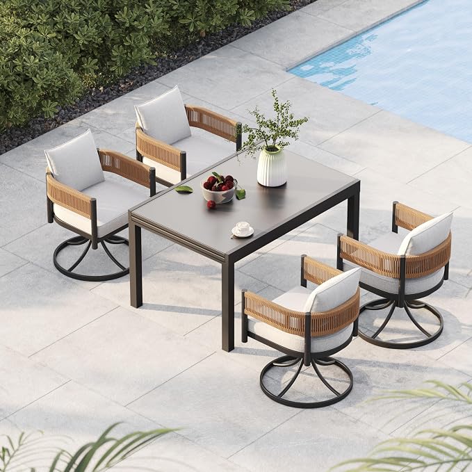 Grand patio 7-Piece Expandable Table Dining Set for 6 to 10, Aluminum Outdoor Dining Table with Glass Tabletop, Metal Woven Wicker Swivel Patio Chairs with Cushions for Yard, Poolside, Deck (Natural)