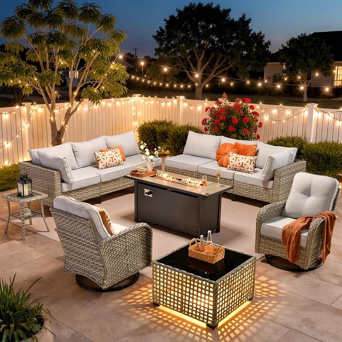 11 Piece Patio Furniture Set Outdoor Sectional with 54" Fire Pit Table, Swivel Rocking Chairs and L-Shaped Rattan Couch, Modular Conversation Set with Solar Coffee Table for Deck, Light Gray
