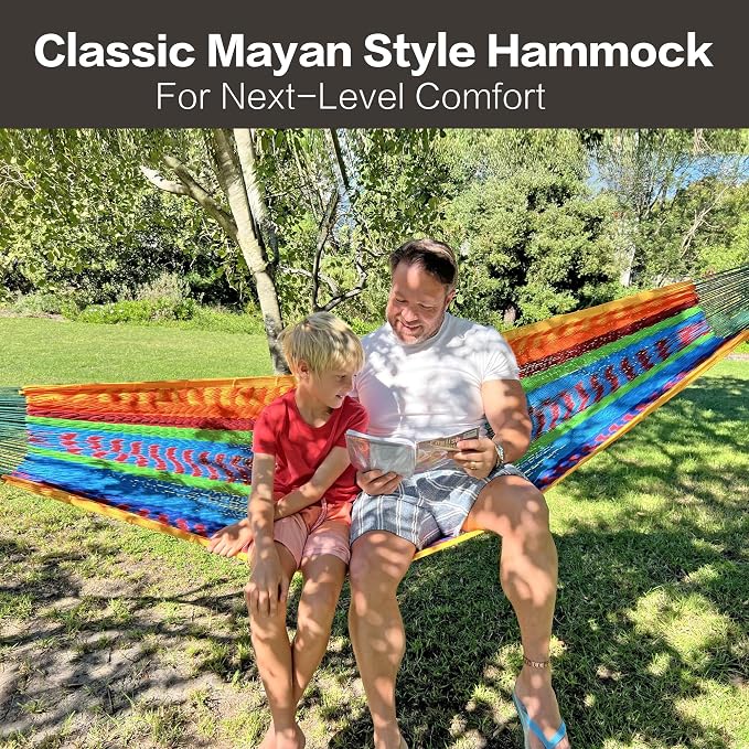 CHULIM Handwoven Mayan Hammock with 10ft Tree Straps, 550lbs Capacity Soft Rope Double Hammock, Portable Outdoor Hammock with Carry Bag for Camping Backyard Beach - Black White Stripe