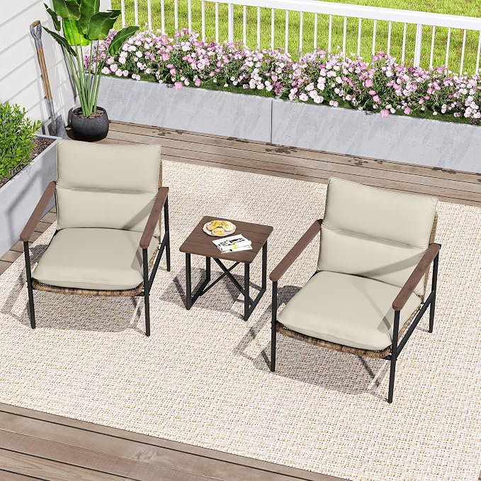 HAPPATIO 3-Piece Outdoor Furniture Set, Patio Aluminum Conversation Set with Wicker Seat and Acacia Wood Armrest, Removable Thick Olefin Cushion for Garden Lawn Backyard
