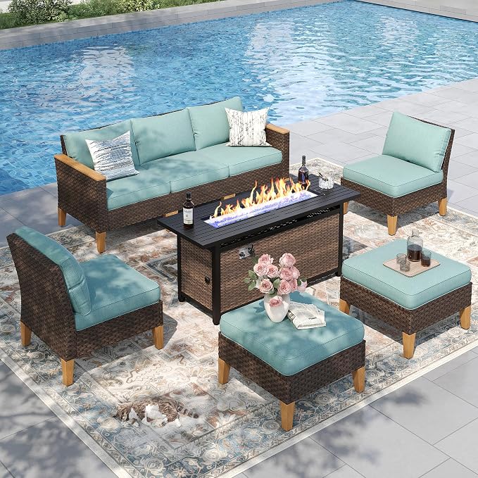 PHI VILLA Outdoor Wicker Patio Furniture Set with 56" Fire Pit Table, 8-Piece Oversized Sectional Rattan Sofa Backyard Poolside Set for 7 Seats with Cushioned, Blue