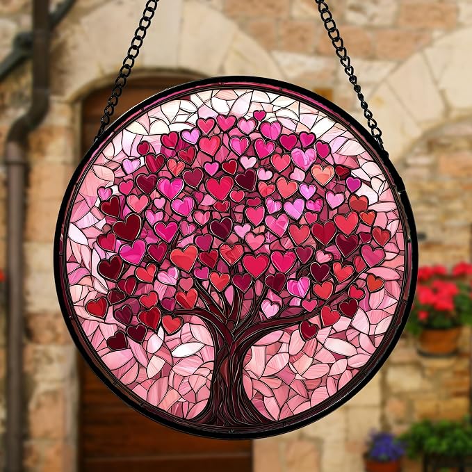 Stained Glass Window Hanging, Birthday Gifts for Women Mom Grandma Nana Wife Couple, Pink Love Tree Suncatcher for Doors Window Home Sun Catchers Gifts Decor 6.3 in