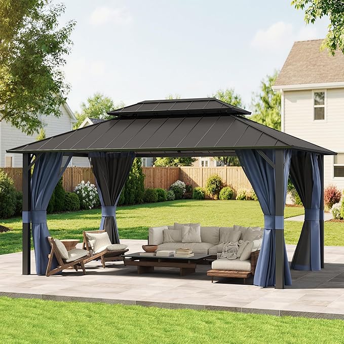 UDPATIO 12'x16' Permanent Hardtop Gazebo with Galvanized Steel Double Roof for Patio Backyard Garden, Curtains and Netting Included, Navy Bue