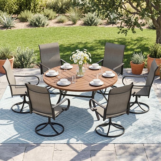 7 Pieces Patio Dining Set, 6 Outdoor Swivel Dining Chairs with 50.1" Round Metal Outdoor Dining Table with Umbrella Hole for Garden Backyard Deck, Mixed Brown & Walnut