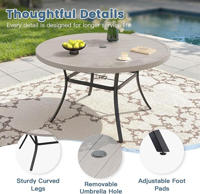 DIFY Patio Dining Set for 6, 7 Piece Outdoor Table and Chairs Set, 50" Grey Wood-Like Round Metal Patio Dining Table and 6 Sandshell Textilene Stackable Patio Chairs, for Backyard Garden Poolside