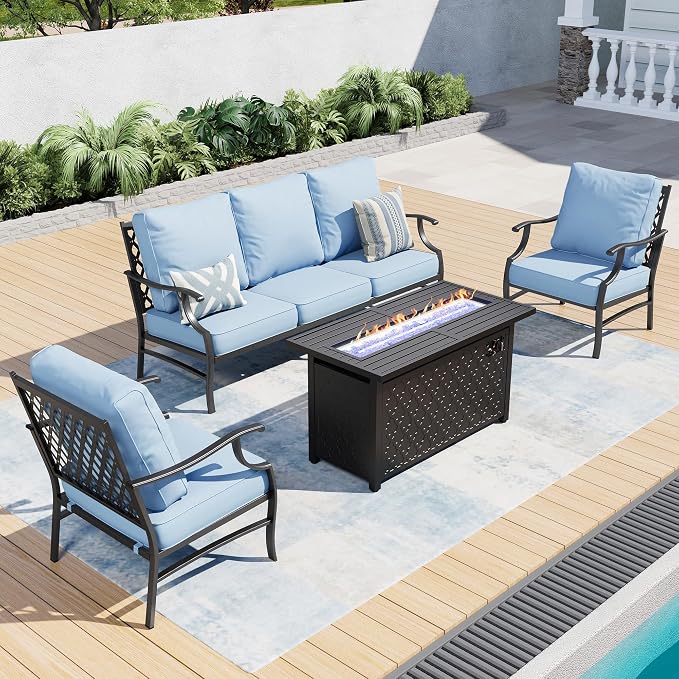 SUNSHINE VALLEY 4 Piece Metal Outdoor Patio Furniture Sets with 5000 BTU Firepit Table, Patio Conversation Sets 1 3-Seater Sofa, 2 Fixed Chair with 5.75" Thick Cushion, Black Backyard Furniture, Blue