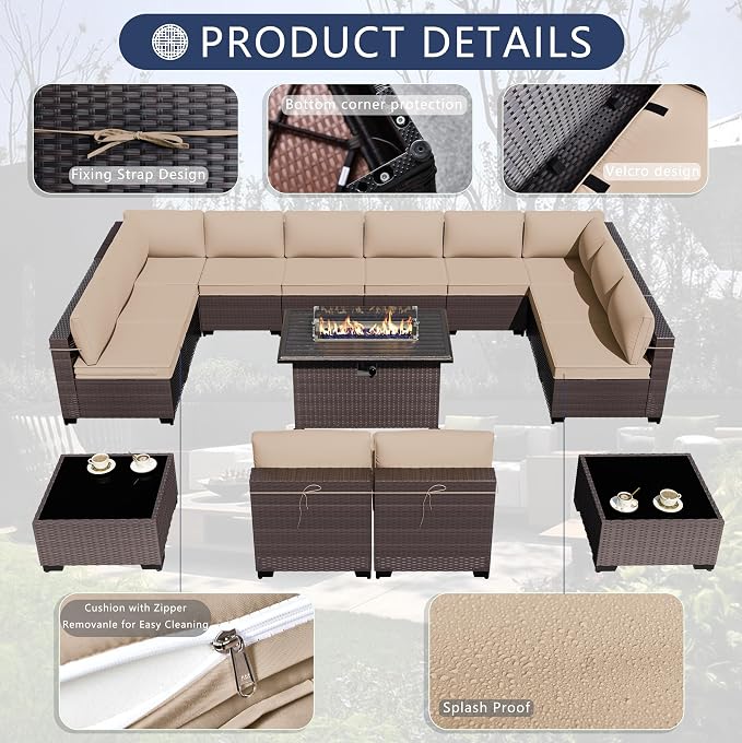 Outdoor Patio Furniture Set with Gas Fire Pit Table, 13 Pieces Outdoor Furniture Set Patio Sectional Sofa w/43in 55000 BTU Propane Fire Pit, PE Wicker Rattan Patio Conversation Sets - Brown