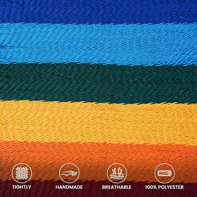 Lazy Daze Hammocks 10.5 FT Double 2 Person Caribbean Rope Hammock, Hand Woven Polyester Hammock with Spreader Bars, for Outside Outdoor Backyard Patio Poolside, 450 LBS Capacity, Rainbow