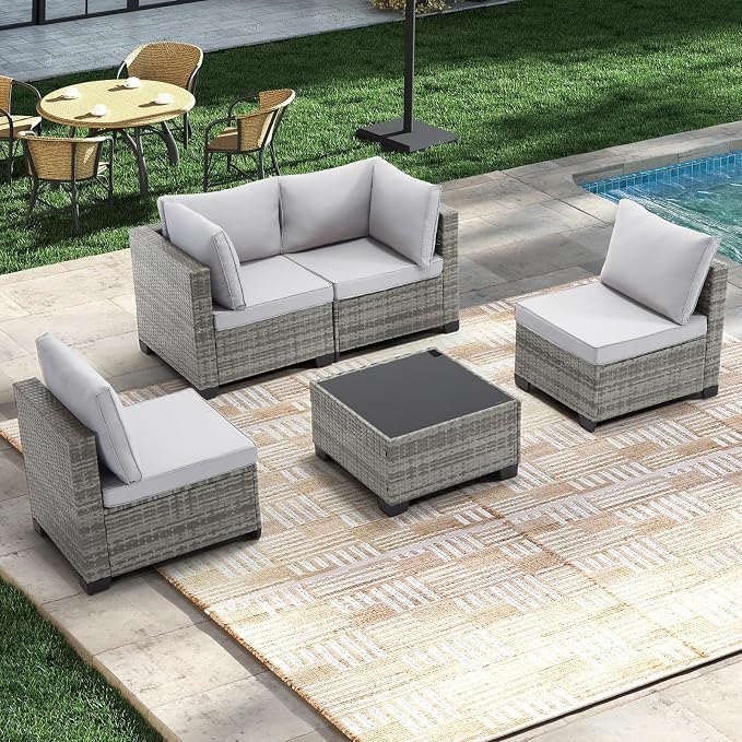 CANMOV 5 Pieces Patio Furniture Sets, All Weather Outdoor Patio Conversation Set, Wicker Rattan Sectional Sofa Couch with Glass Coffee Table, Washable Cushions for Backyard Garden, Porch, Light Grey