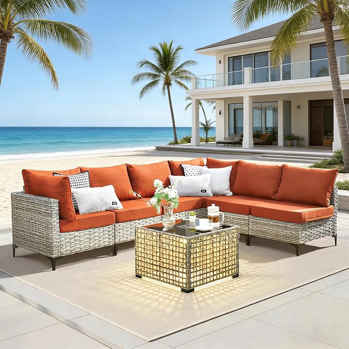 7 Pieces Patio Furniture Set with Solar Light Coffee Table, All-Weather Rattan Outdoor Sectional Conversation Sets L Shaped Sofas with Thick Cushions for Porch Balcony,Coarse Stripes Red