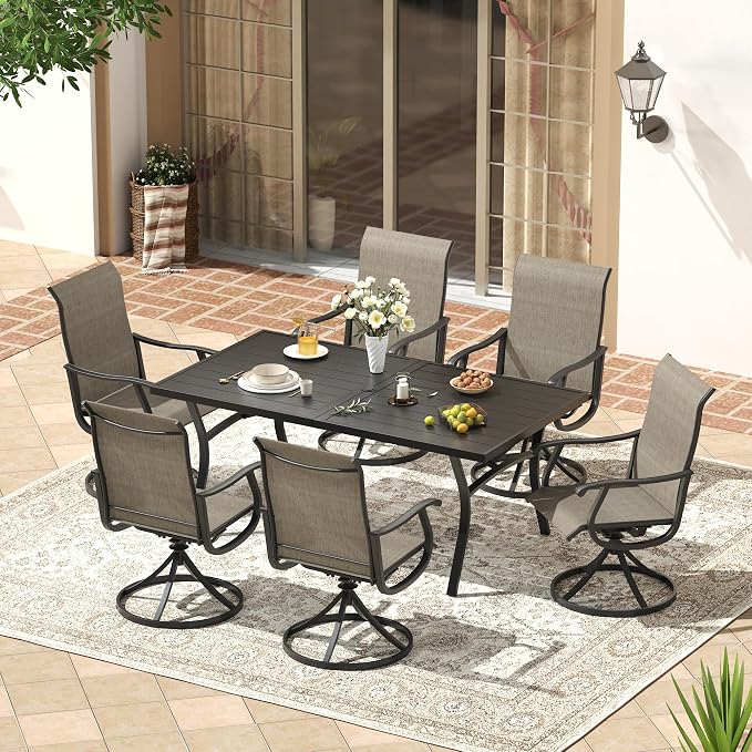 VICLLAX 7 Pieces Patio Outdoor Dining Set, 63" Outdoor Rectangular Metal Table with Umbrella Hole and 6 Stackable Textilene Chairs for Patio, Lawn, Garden, Porch, Black/Brown