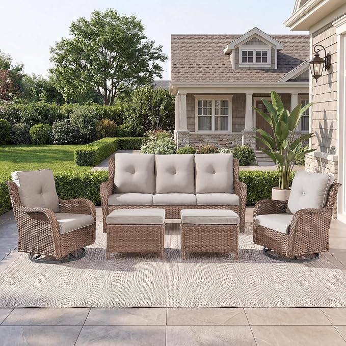 Belord 5 Piece Wicker Patio Furniture Set, Outdoor Swivel Rocker Chairs Set of 2 with Ottomans and 3 Seater Sofa, All Weather Patio Conversation Furniture Set, for Porch Pool, Yellow Wicker/Beige