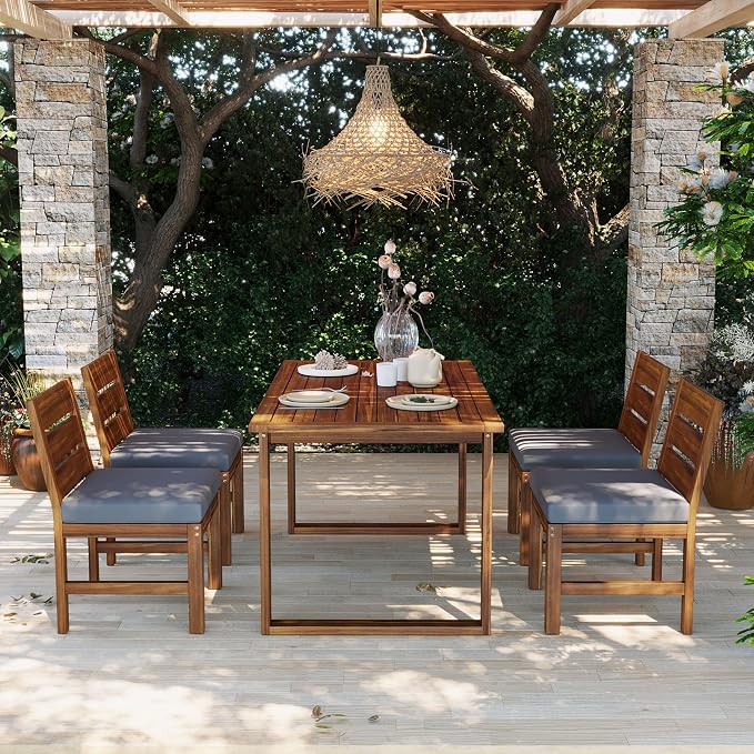 Acacia Wood Outdoor Dining Set for 4, All-Weather Patio Dining Set with Rectangle Dinning Table and 4 Chairs& Cushions for Garden Backyard Lawn (Brown+Gray c)