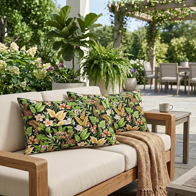 RSH DECOR: Lumbar Jumbo Throw Pillows Set of 2 | 26” x 16" | All-Weather Spun Fabric | Outdoor Support Pillows for Patio Furniture | Made in USA (Carena Ebony)