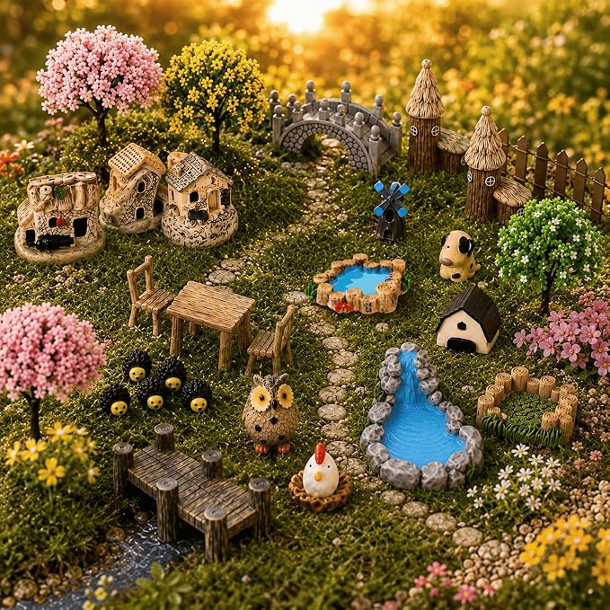 33 Pcs Fairy Garden Kit, Resin Fairy House Accessories with Animal Figurines & Fences, Stable & Noticeable Terrarium Decor for Outdoor Planters and DIY Micro Landscapes