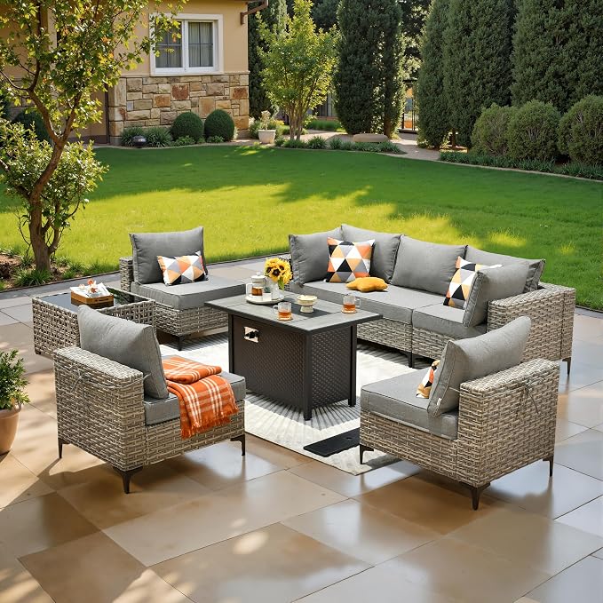 8 Pcs Patio Furniture with Fire Pit Table, Outdoor Rattan Wicker Conversation Set with Glowing Coffee Table, Comfy Sectional Sofa for Porch Balcony Backyard Pool, Grey