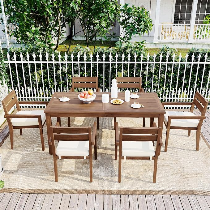 7 Piece Patio Dining Table Set with Removable Cushion, Outdoor Acacia Wood Furniture Set for Garden, Backyard, Lawn, Poolside (A-Burly Wood)
