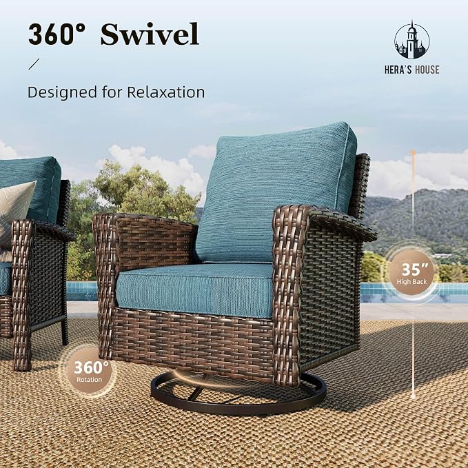 HERA'S HOUSE 5-Piece Patio Furniture Set with Outdoor Swivel Chairs & Fire Pit, High Back Wicker Conversation Sets with 5.5" Thick Cushions, All-Weather Deep Seating Sofa, Blue