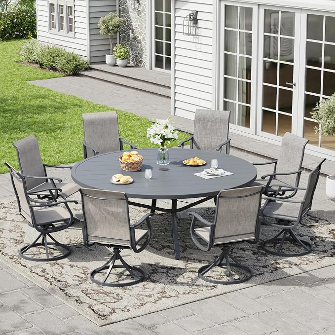 9 Pieces Patio Furniture Dining Set, 8 Textilene Swivel Dining Chairs, 60" Outdoor Round Metal Table with 1.57" Umbrella Hole, Outdoor Dining Set for Porch, Lawn, Garden, Dark Grey/Grey