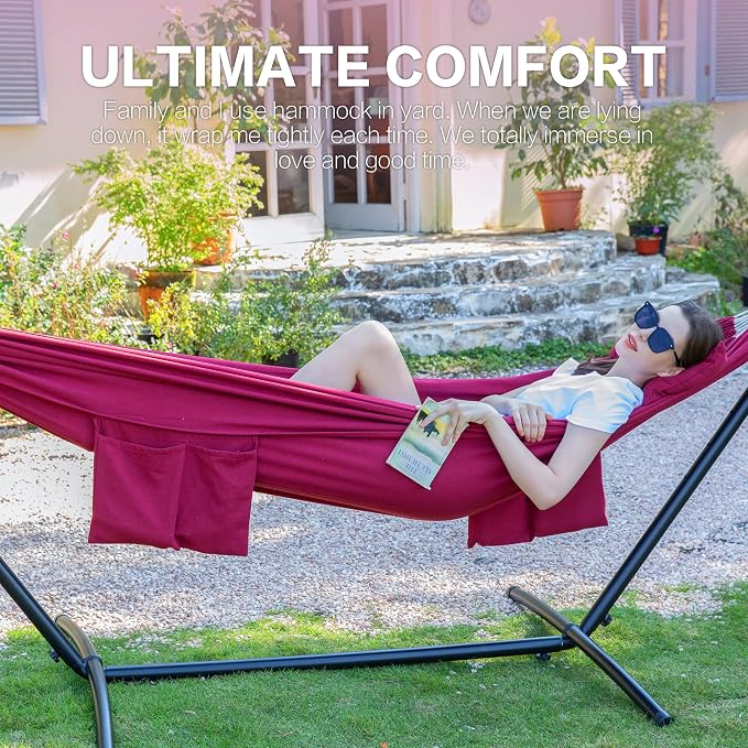 PNAEUT Double Hammocks with Stand for Outside, Portable Space Saving Heavy-Duty Steel Stand for Indoor Outdoor Patio with Carrying Bag, 450 lbs Capacity (Cherry)