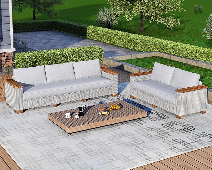 LUXOAK 5-Piece Patio Furniture Sets, Wicker Sofa Set with 5.9" Wider Solid Wood Armrest, Outdoor Conversation Set with Wood Legs, Patio Sectional Set for Backyards, Porch, Poolside, Garden