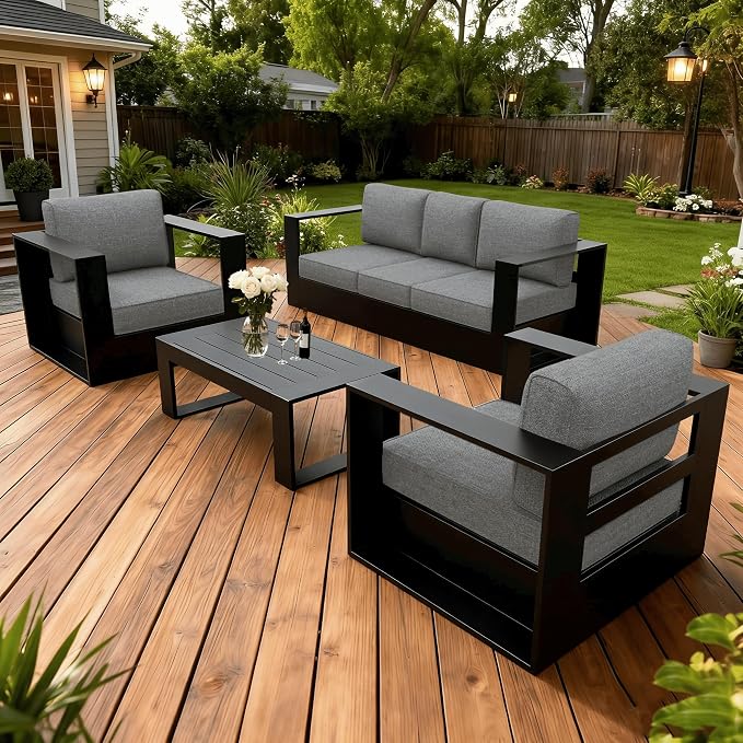 LayinSun Oversized Aluminum Outdoor Furniture Set, 4 Piece Patio Sofa Sets with Coffee Table, Deep Seating and Upgraded 6-inch Cushions for Porch, Balcony, Deck