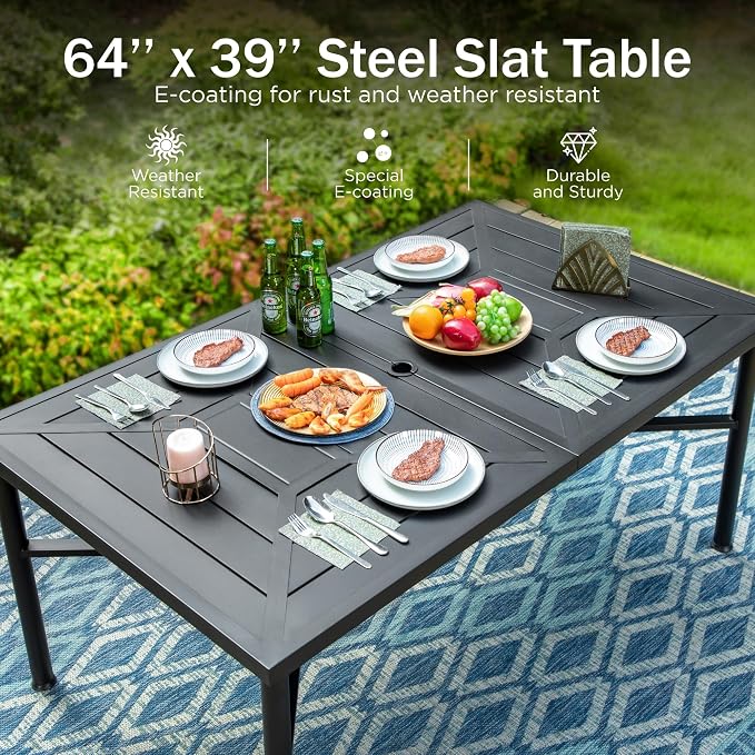 PHI VILLA 7 Piece Patio Dining Set, Outdoor Table and Chairs Furniture Dining Set with 6 Outdoor Swivel Dining Chairs and 1 Large Metal Table, Patio Set for Lawn Garden Deck, Padded Textilene