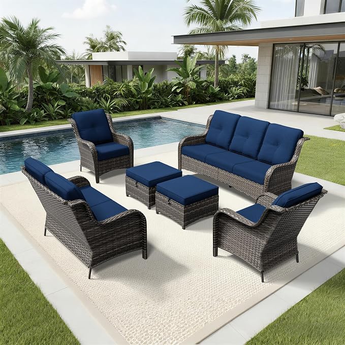 Joyside 6 Piece Wicker Patio Furniture Set, Rattan Patio Chairs with High Back, Deep Seating, Wide Armrest, Thickened Cushions, Outdoor Furniture for Deck, Porch Use
