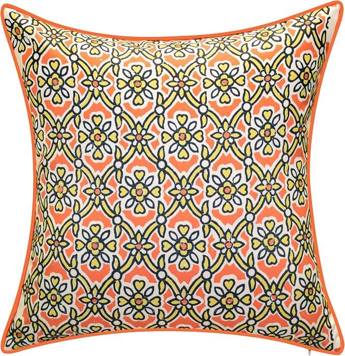 Edie At Home Antique Tile Print Square Decorative Throw Pillow for Patio Furniture, Sofa, Chair, or Bedroom, Reversible, Indoor and Outdoor Collection, 18 x 18 inches, Pumpkin