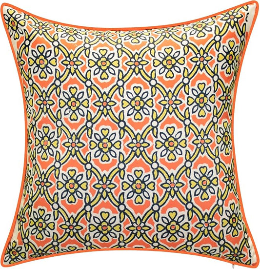 Edie At Home Antique Tile Print Square Decorative Throw Pillow for Patio Furniture, Sofa, Chair, or Bedroom, Reversible, Indoor and Outdoor Collection, 18 x 18 inches, Pumpkin