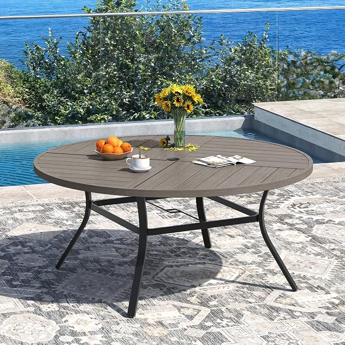 DIFY 9 Piece Outdoor Dining Set for 8, 59.8" Grey Wood-Like Round Metal Dining Table with Umbrella Hole and Swivel Patio Chairs with Sandshell Textilene, Patio Table and Chairs Set for Garden Backyard