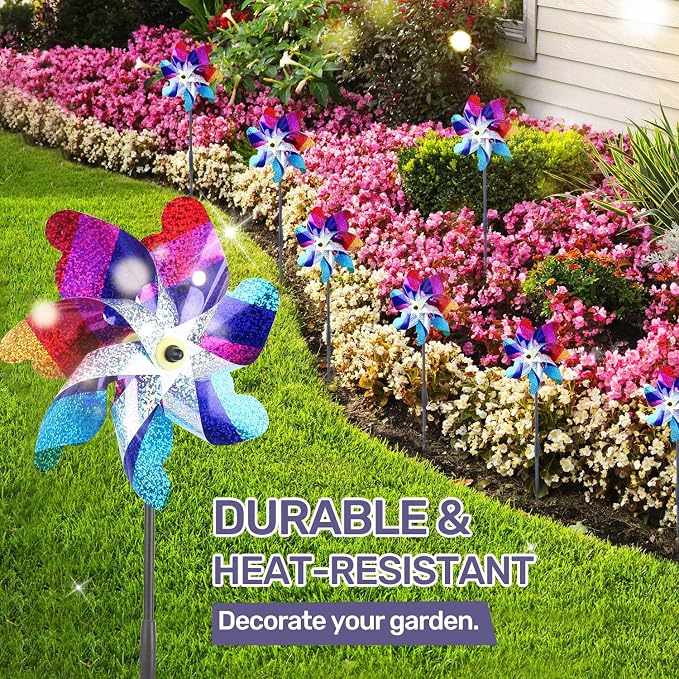 BATTIFE Preassembled Reflective Pinwheels for Yard & Garden, Color, 10 Pack | Sparkly Reflective Material Spinner, Spins Best in Steady Wind, Animal-Deterrent Results Vary by Placement and Conditions