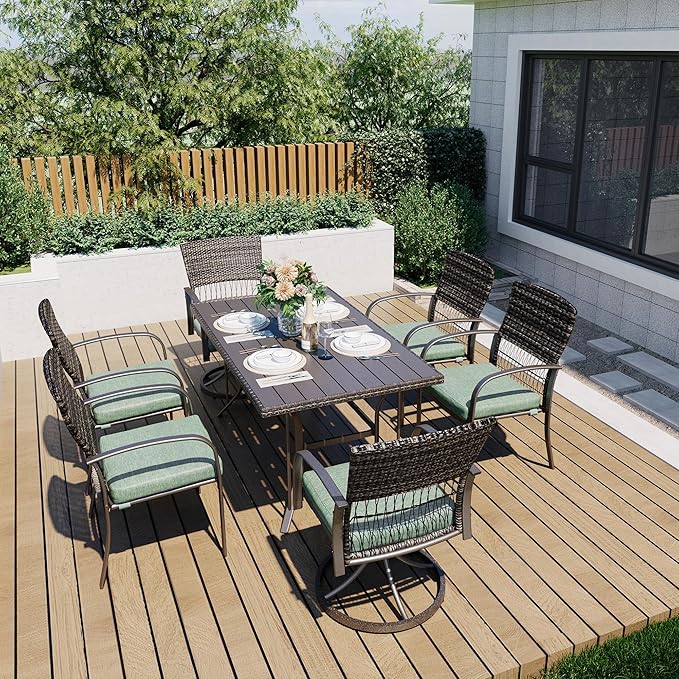 Pamapic 7 Piece Patio Dining Set for 6,Wicker Outdoor Furniture Set for Backyard Garden Deck Poolside with Iron Slats Table Top (Green, 7 PCS Swivel Chair & Fixed Chair)