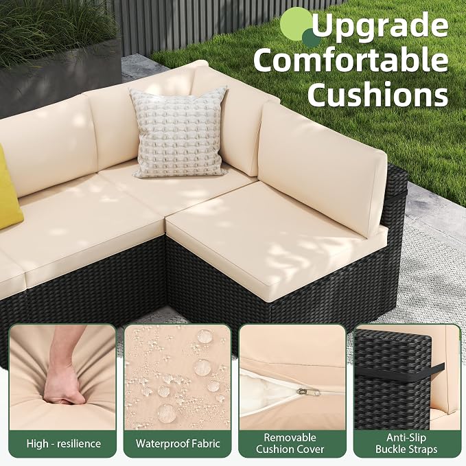 7-Piece Outdoor Sectional Sofa Set, Weather-Resistant Patio Furniture Set with Washable Cushions and Coffee Table, Black Rattan Patio Conversation Set for Poolside, Backyard, Deck (Beige)