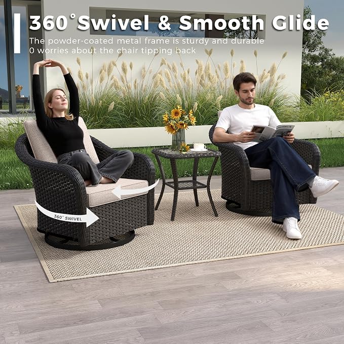 4 PCS Outdoor Conversation Set | 55" Couch, 2 Swivel Chairs, 1 Side Table， Patio Wicker Conversation Furniture with Removable Cushions for Bistro, Deck, Sunroom(Beige)