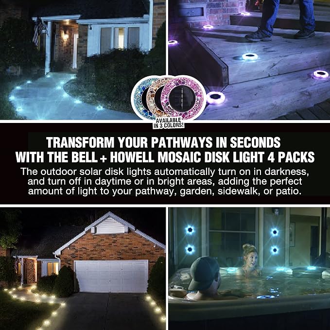 Bell+Howell Solar Outdoor Mosaic Disk Lights, 4 Pack Ultra-Premium Glass Decorative Pathway, Solar Outdoor Waterproof Disk, LED Pathway, Auto On/Off Lights - Radiant Pink